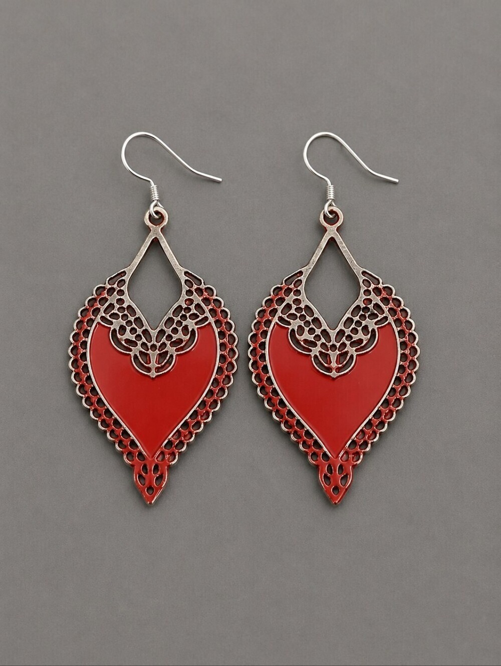 3/$30 VTG Red Metal Lace Cut Out Flamenco Valentine's Dangle Hook Earrings